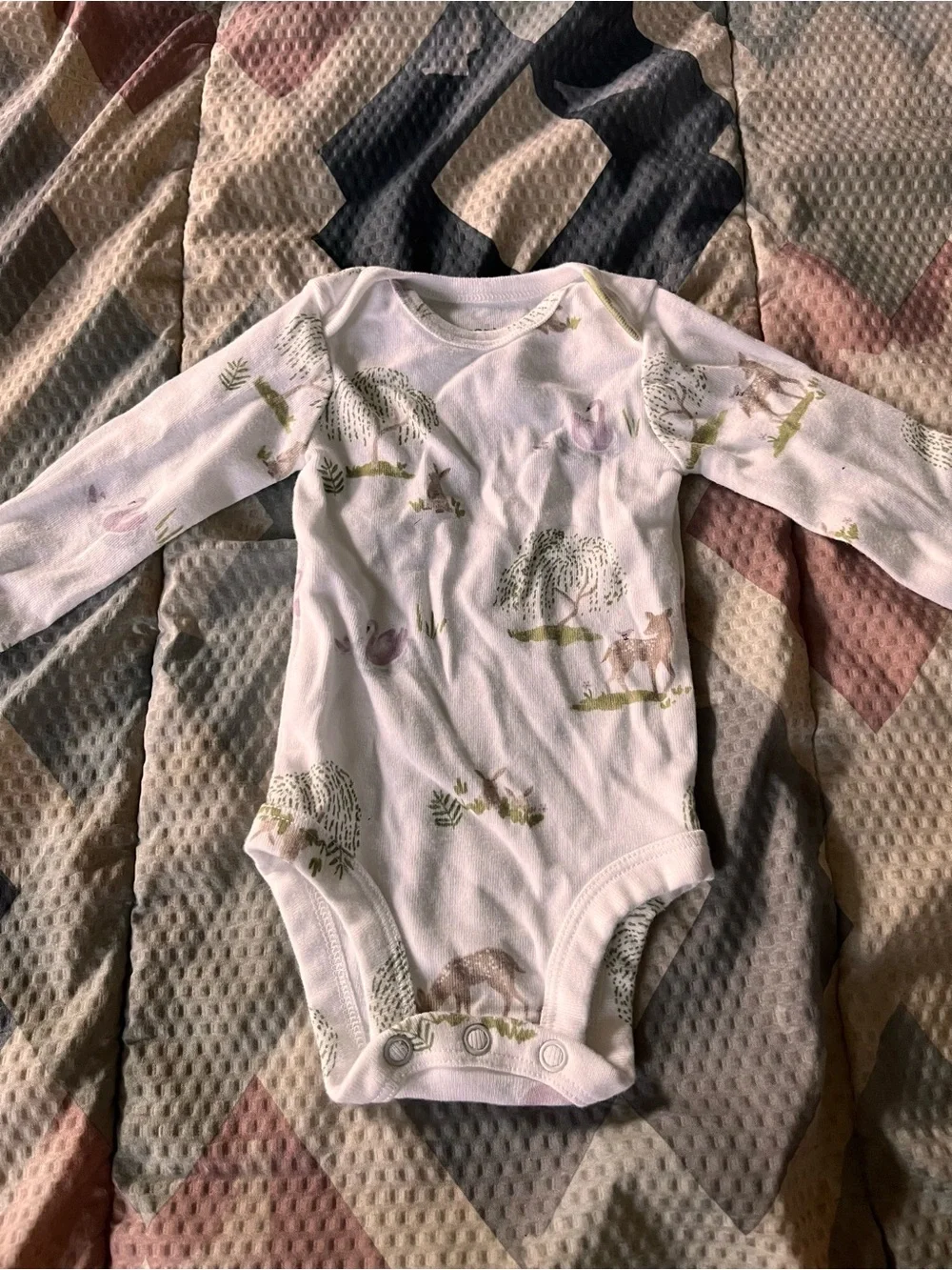 Baby Long-Sleeve One-Piece Bodysuit in White with Forest Animal Print
